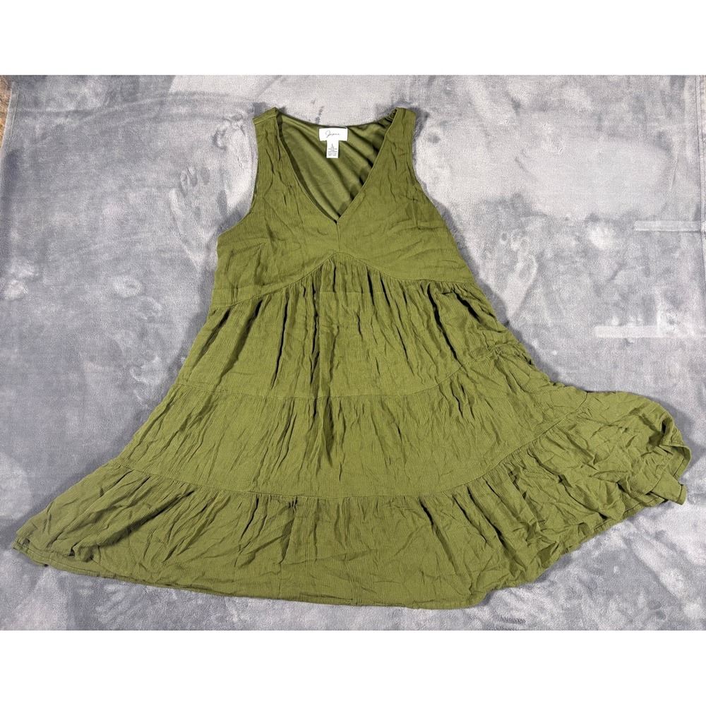 Japna Womens Sleeveless Tiered Babydoll Dress L Olive Green Crinkle Viscose